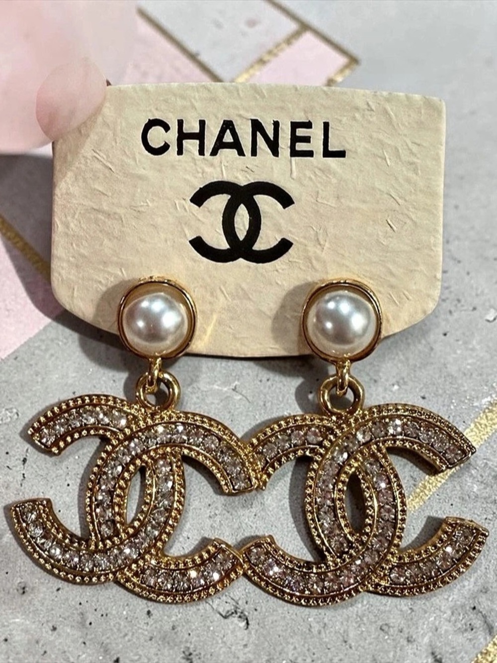 Gold Plated Crystal Interlocking CC Dangle Earrings | NEW